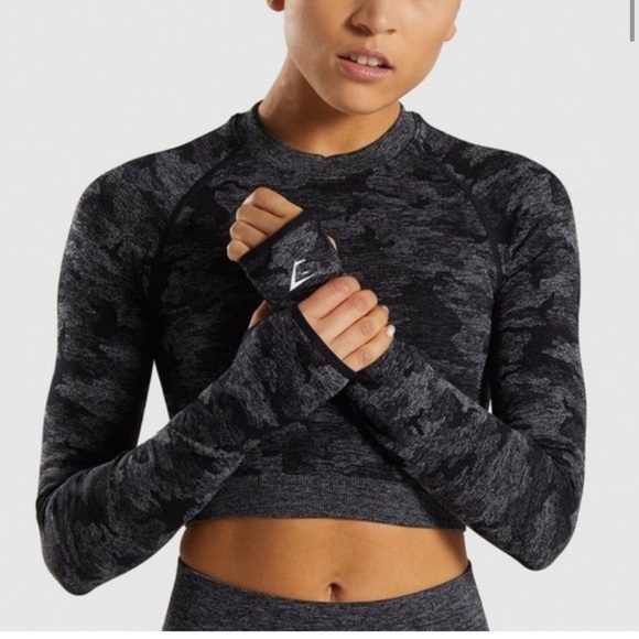 Gymshark Tops - GymShark Camo Seamless Long Sleeve Crop Top - Black